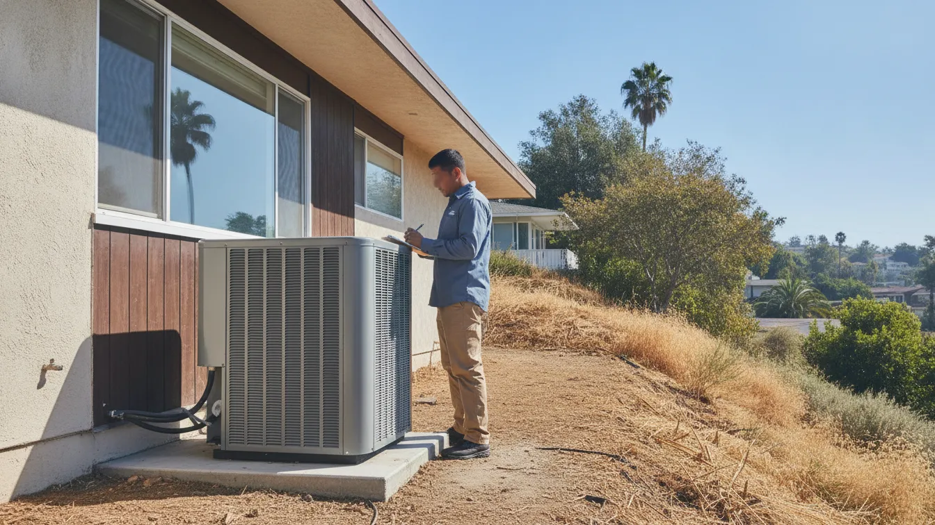 A technician taking notes beside an outdoor air conditioning unit behind a hillside house